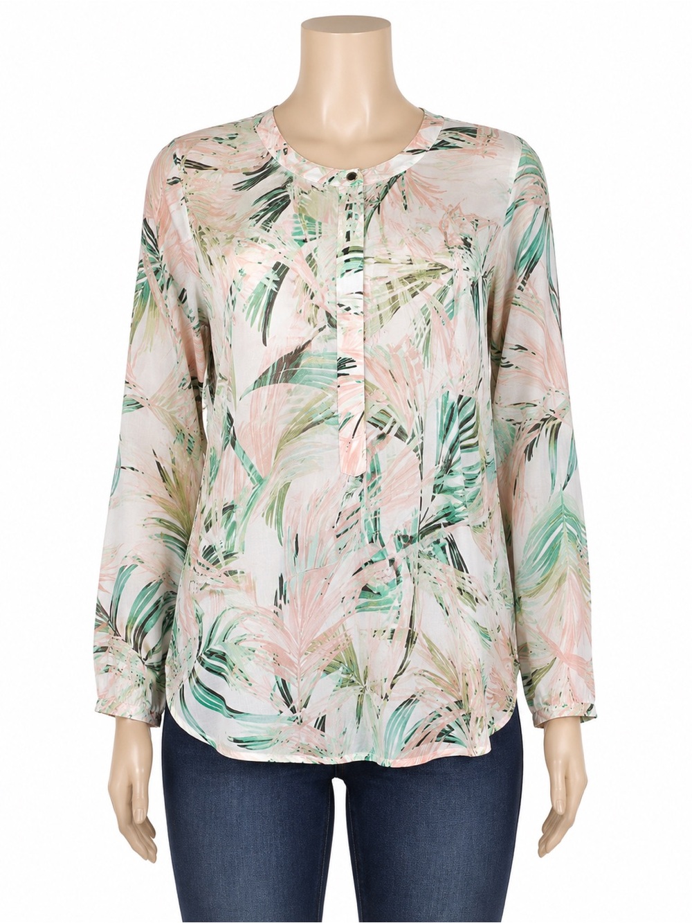JM Collection Tropical Palm Print Popiver Blouse Size L Pink Green